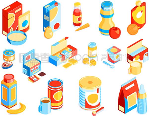 等距嬰兒食品顏色集,產(chǎn)品包裝色彩鮮艷的獨(dú)立圖片和未包裝的Childs餐矢量插圖